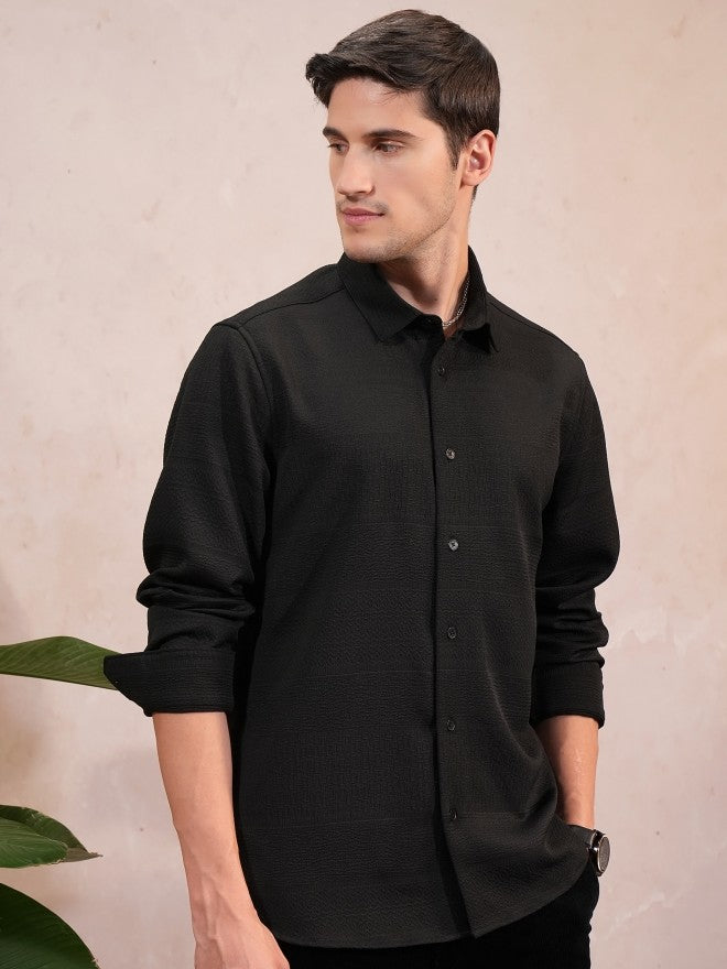 Locomotive Men Black Self Design Slim Fit Casual Shirt - Black - Image 6