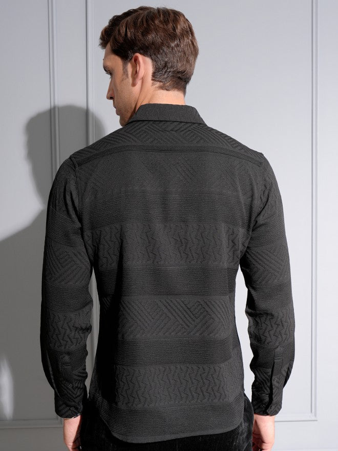 Locomotive Premium Men Black Popcorn Textured Evening Party Shirt - Black - Image 3
