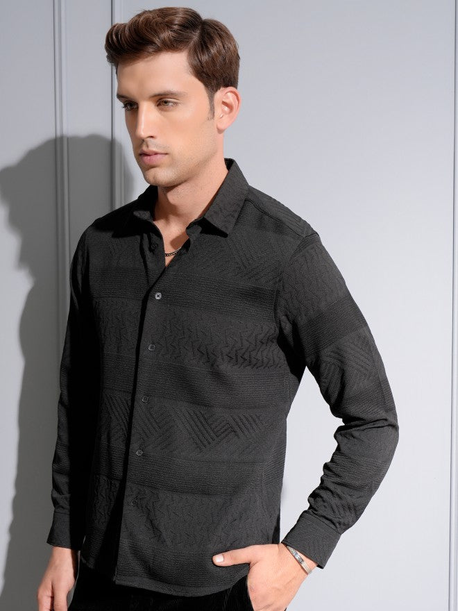 Locomotive Premium Men Black Popcorn Textured Evening Party Shirt - Black - Image 4