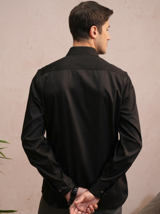 Locomotive Luxe Men Black Satin Solid Evening Party Shirt - Black - Image 3