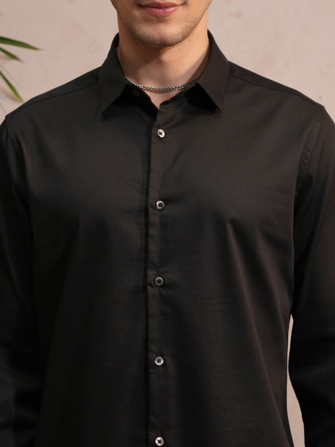Locomotive Luxe Men Black Satin Solid Evening Party Shirt - Black - Image 5
