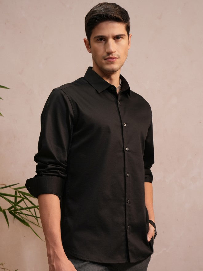 Locomotive Luxe Men Black Satin Solid Evening Party Shirt - Black - Image 6