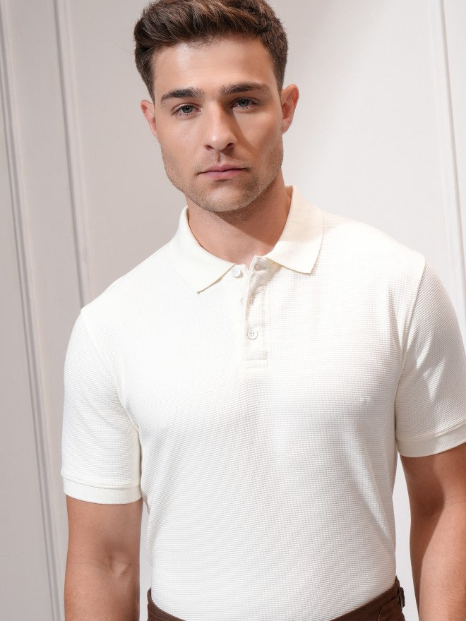 Locomotive Men Cream Self Design Polo Collar T-Shirt - Cream - Image 1