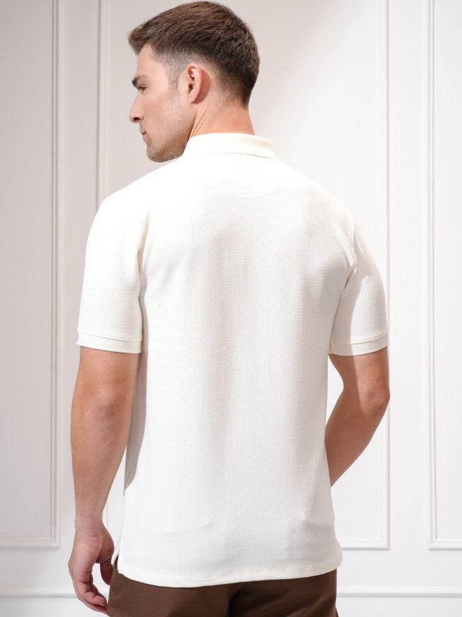 Locomotive Men Cream Self Design Polo Collar T-Shirt - Cream - Image 3