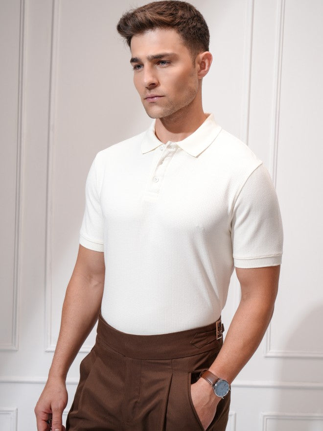 Locomotive Men Cream Self Design Polo Collar T-Shirt - Cream - Image 4