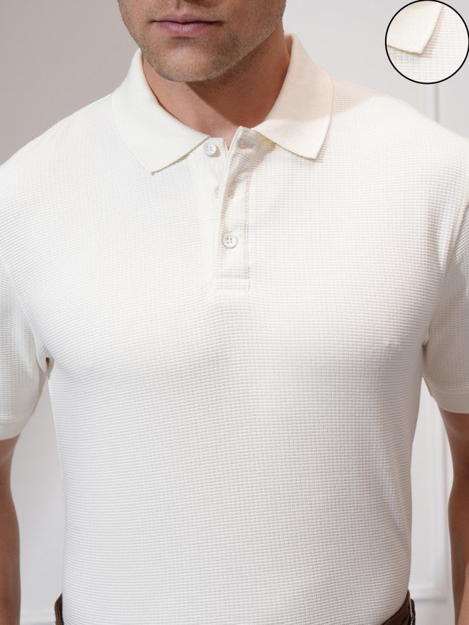Locomotive Men Cream Self Design Polo Collar T-Shirt - Cream - Image 5