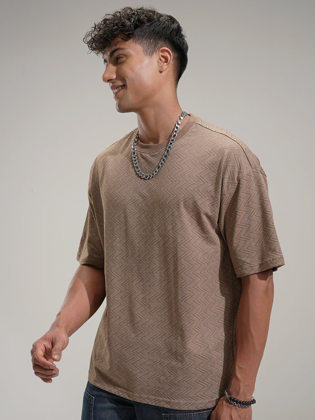 Locomotive Men Brown Self Design Round Neck T-Shirt - Brown - Image 4