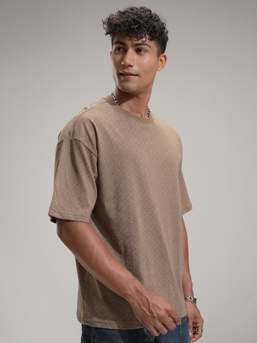 Locomotive Men Brown Self Design Round Neck T-Shirt - Brown - Image 6