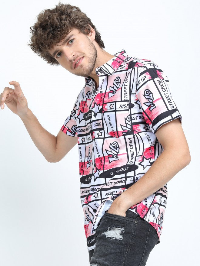 Mens Red & Black Slim Fit Printed Casual Shirt - Multi - Image 5