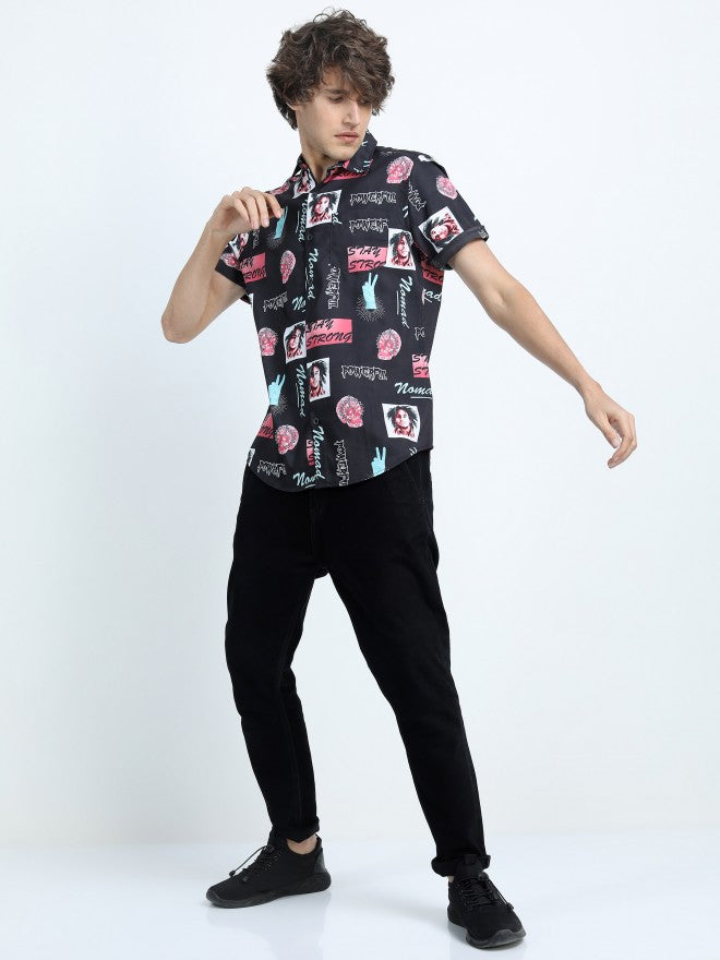 Mens Black/Red Slim Fit Printed Casual Shirt - Black - Image 5