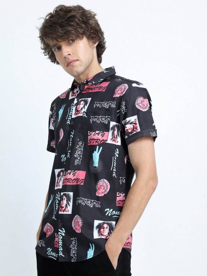Mens Black/Red Slim Fit Printed Casual Shirt - Black - Image 6