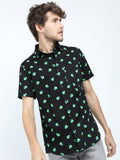Mens Black/Green Slim Fit Printed Casual Shirt - Black - Image 1