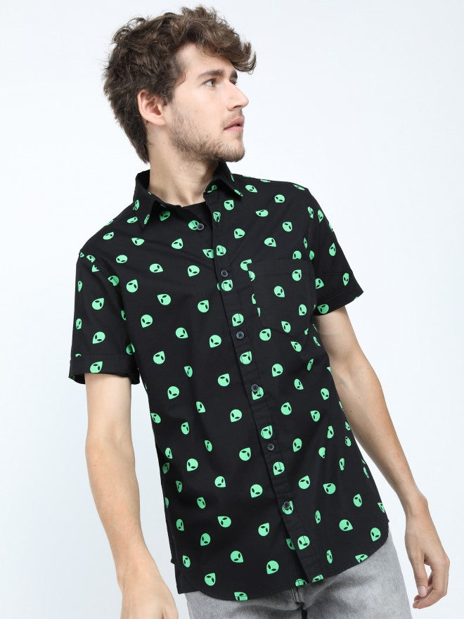 Mens Black/Green Slim Fit Printed Casual Shirt - Black - Image 1