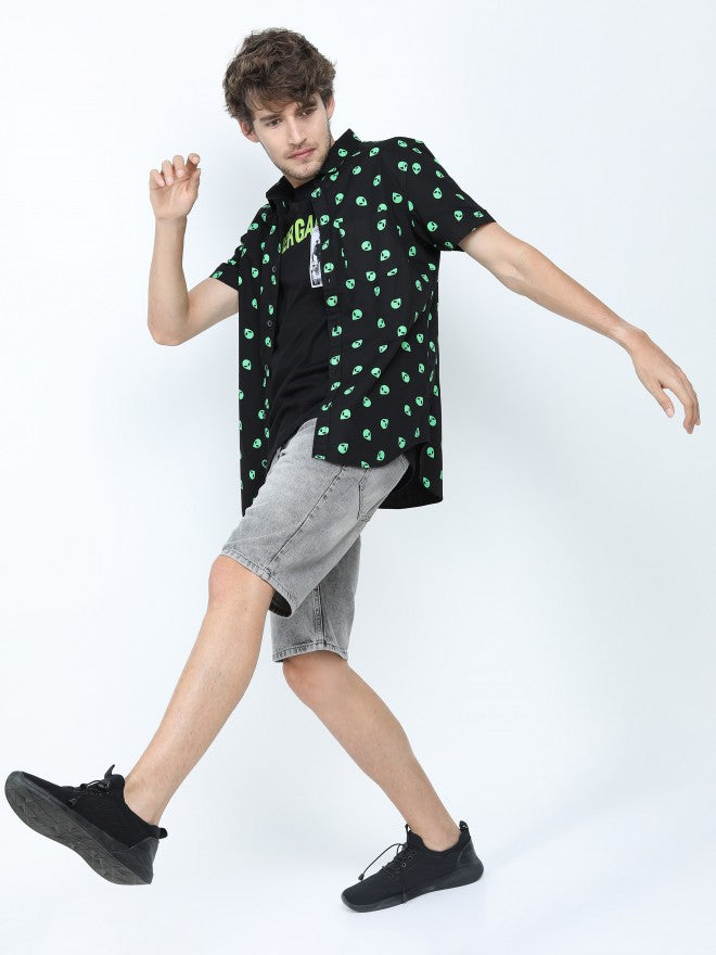 Mens Black/Green Slim Fit Printed Casual Shirt - Black - Image 2