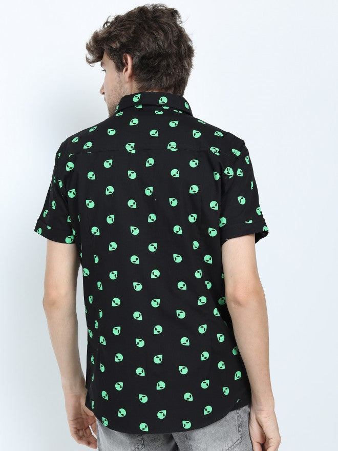 Mens Black/Green Slim Fit Printed Casual Shirt - Black - Image 3