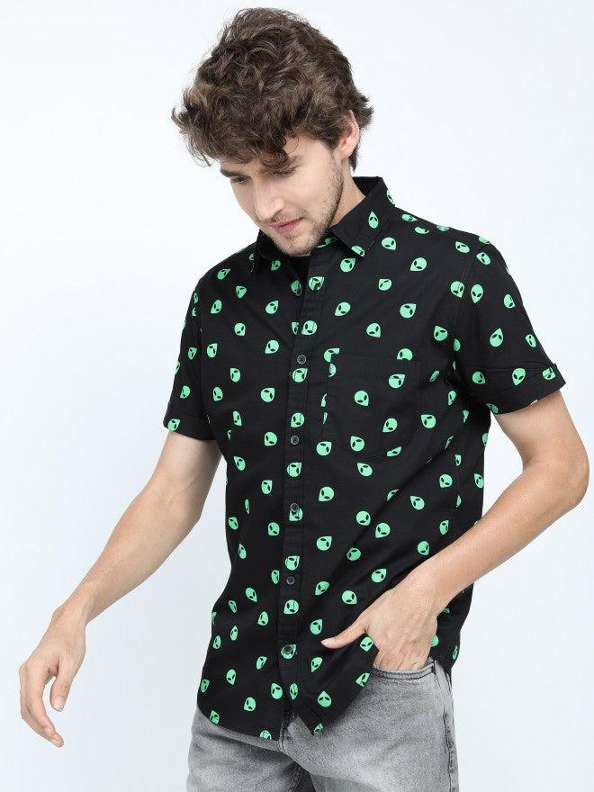 Mens Black/Green Slim Fit Printed Casual Shirt - Black - Image 4