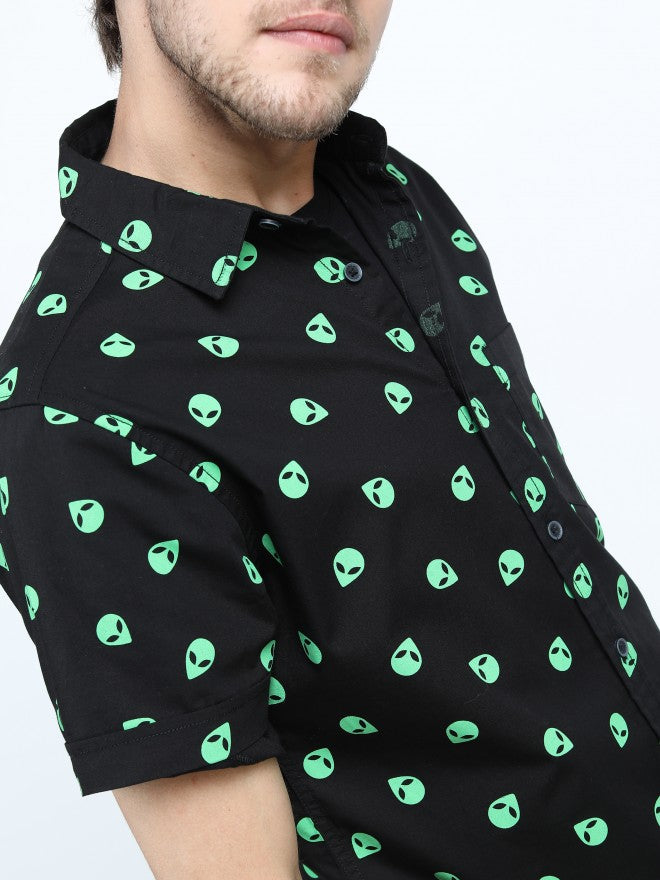 Mens Black/Green Slim Fit Printed Casual Shirt - Black - Image 5