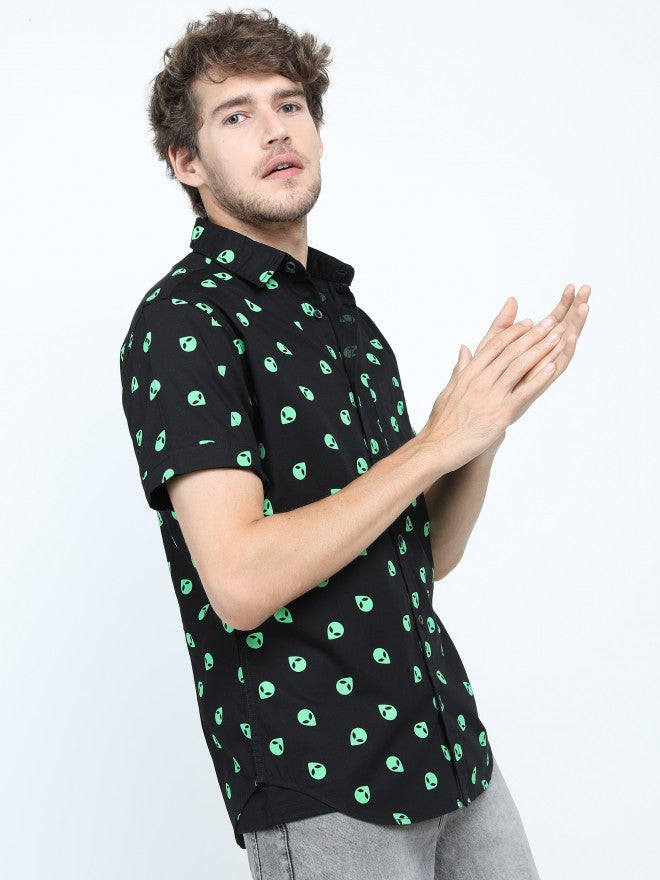 Mens Black/Green Slim Fit Printed Casual Shirt - Black - Image 6
