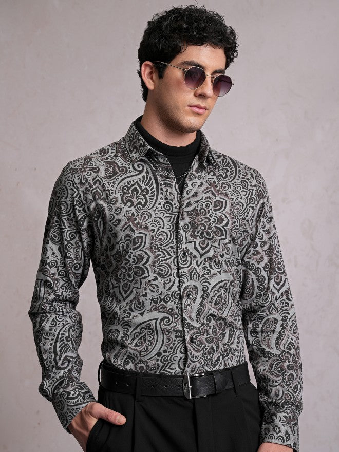 Locomotive Men Grey Printed Slim Fit Casual Shirt - Grey - Image 1