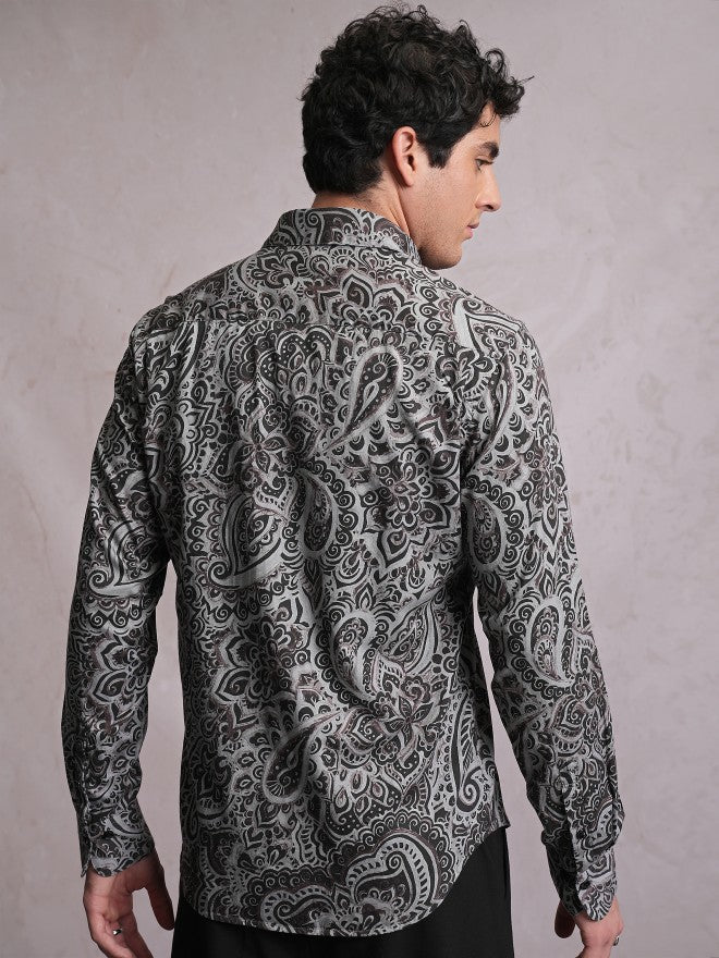 Locomotive Men Grey Printed Slim Fit Casual Shirt - Grey - Image 3