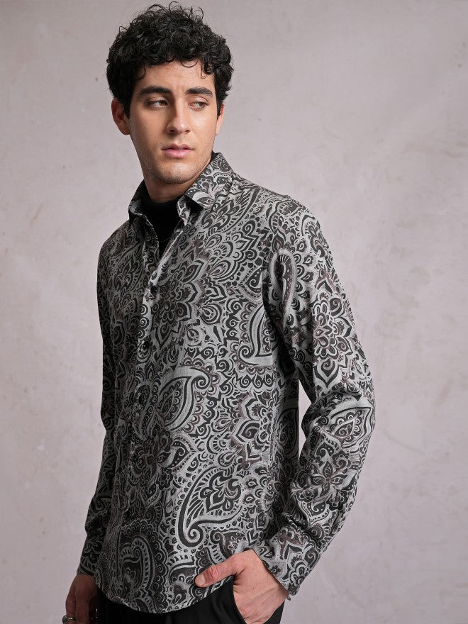 Locomotive Men Grey Printed Slim Fit Casual Shirt - Grey - Image 4