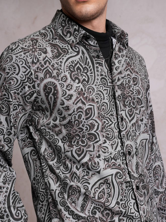 Locomotive Men Grey Printed Slim Fit Casual Shirt - Grey - Image 5