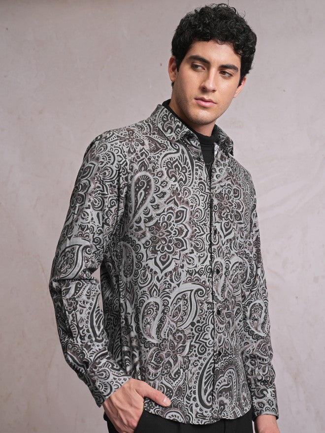 Locomotive Men Grey Printed Slim Fit Casual Shirt - Grey - Image 6