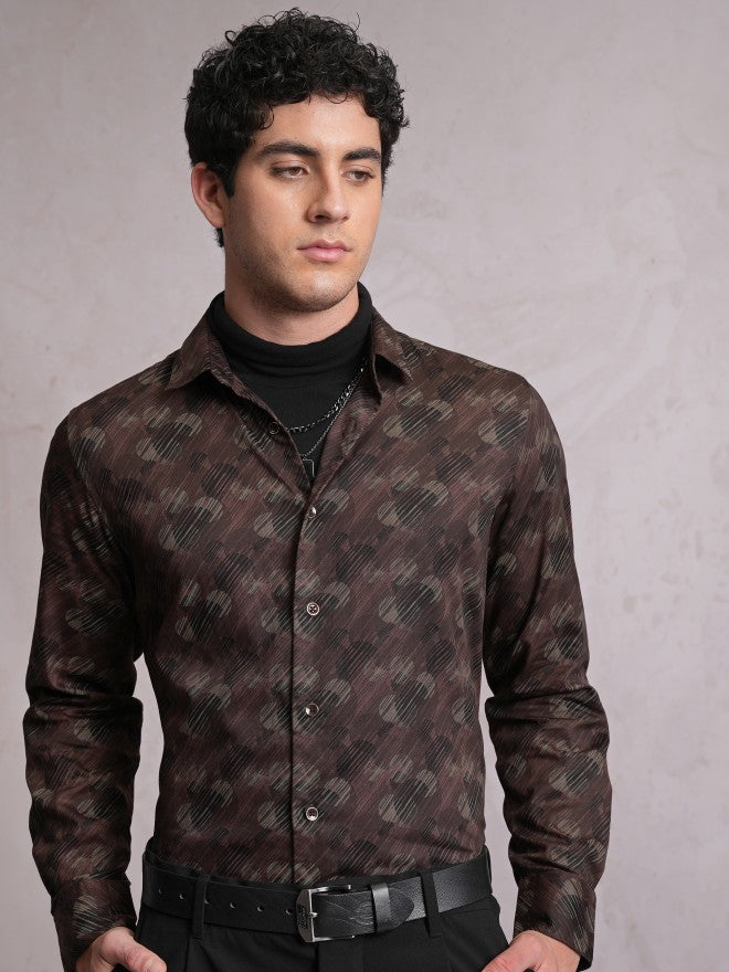 Locomotive Men Brown Printed Slim Fit Casual Shirt - Brown - Image 1