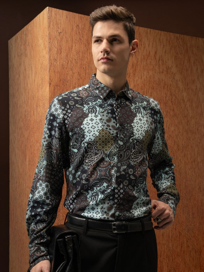 Locomotive Men Brown Printed Slim Fit Casual Shirt - Brown - Image 1