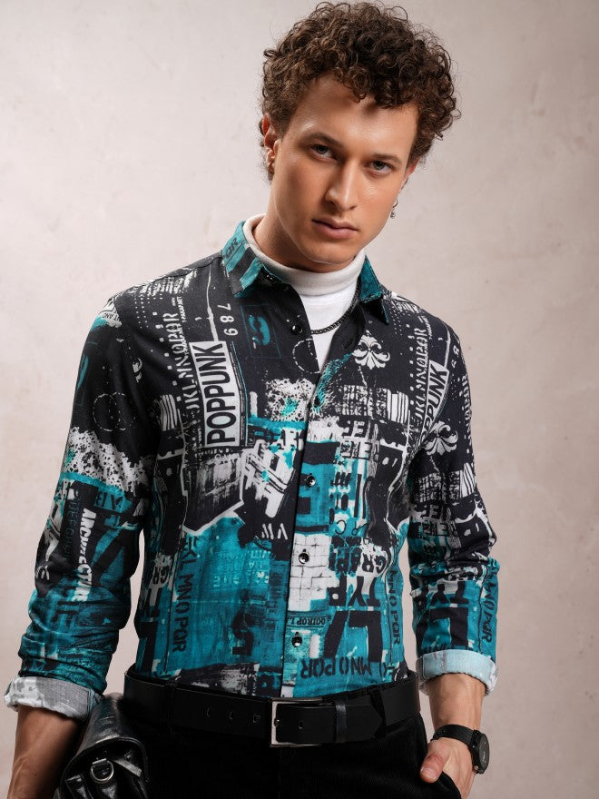 Locomotive Men Blue Printed Slim Fit Casual Shirt - Blue - Image 1