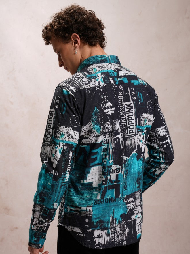Locomotive Men Blue Printed Slim Fit Casual Shirt - Blue - Image 3