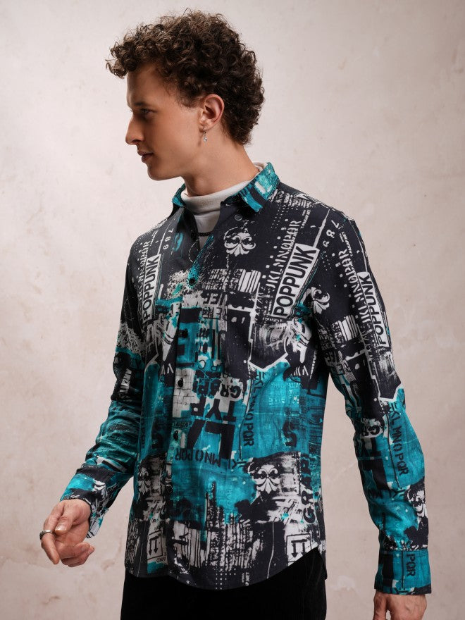 Locomotive Men Blue Printed Slim Fit Casual Shirt - Blue - Image 4
