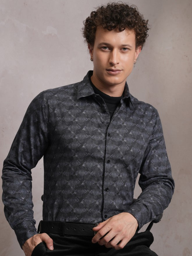 Locomotive Men Grey Printed Slim Fit Casual Shirt - Grey - Image 1