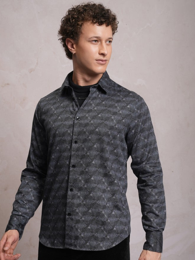 Locomotive Men Grey Printed Slim Fit Casual Shirt - Grey - Image 4