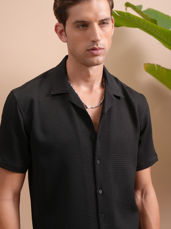 Locomotive Men Black Popcorn Textured Cuban Collar Relaxed Shirt - Black - Image 1