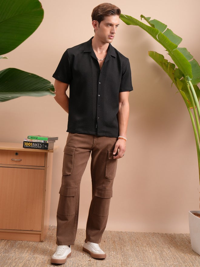 Locomotive Men Black Popcorn Textured Cuban Collar Relaxed Shirt - Black - Image 2