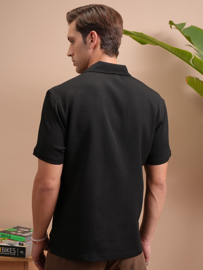 Locomotive Men Black Popcorn Textured Cuban Collar Relaxed Shirt - Black - Image 3