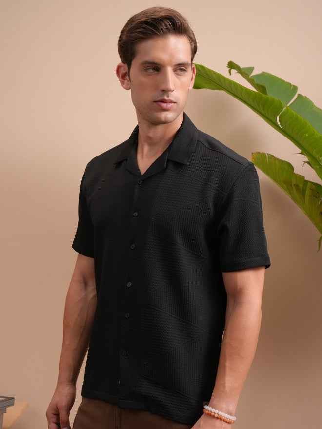 Locomotive Men Black Popcorn Textured Cuban Collar Relaxed Shirt - Black - Image 4