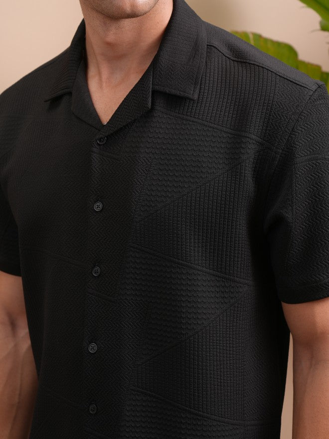 Locomotive Men Black Popcorn Textured Cuban Collar Relaxed Shirt - Black - Image 5