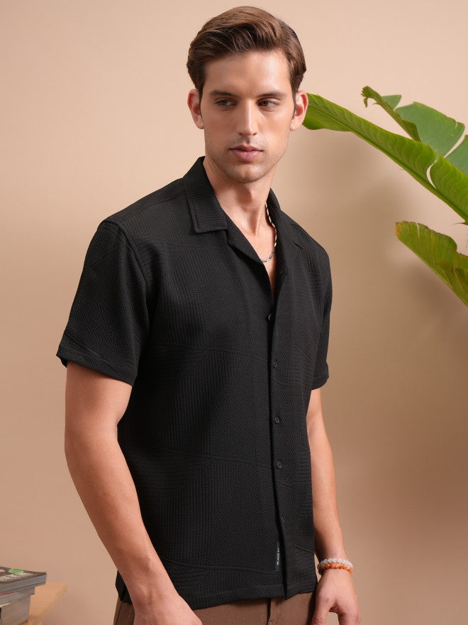Locomotive Men Black Popcorn Textured Cuban Collar Relaxed Shirt - Black - Image 6