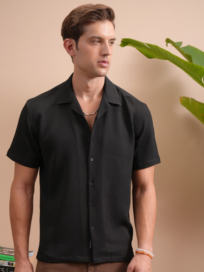 Locomotive Men Black Popcorn Textured Cuban Collar Relaxed Shirt - Black - Image 8