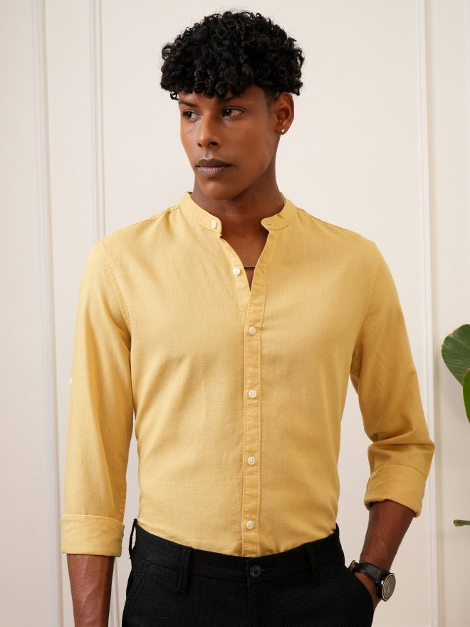 Locomotive Men Yellow Solid Regular Fit Casual Shirts - Yellow - Image 1