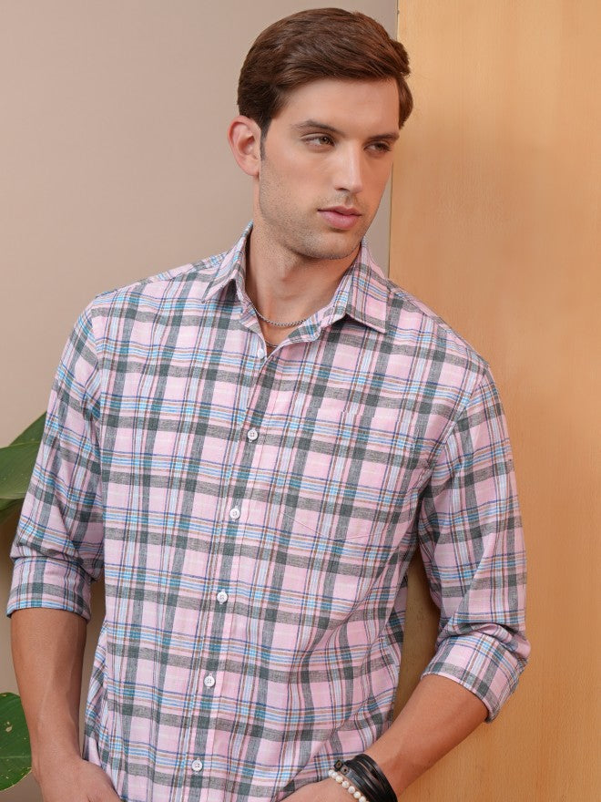 Locomotive Men Pink Checked Regular Fit Casual Shirt - Pink - Image 1