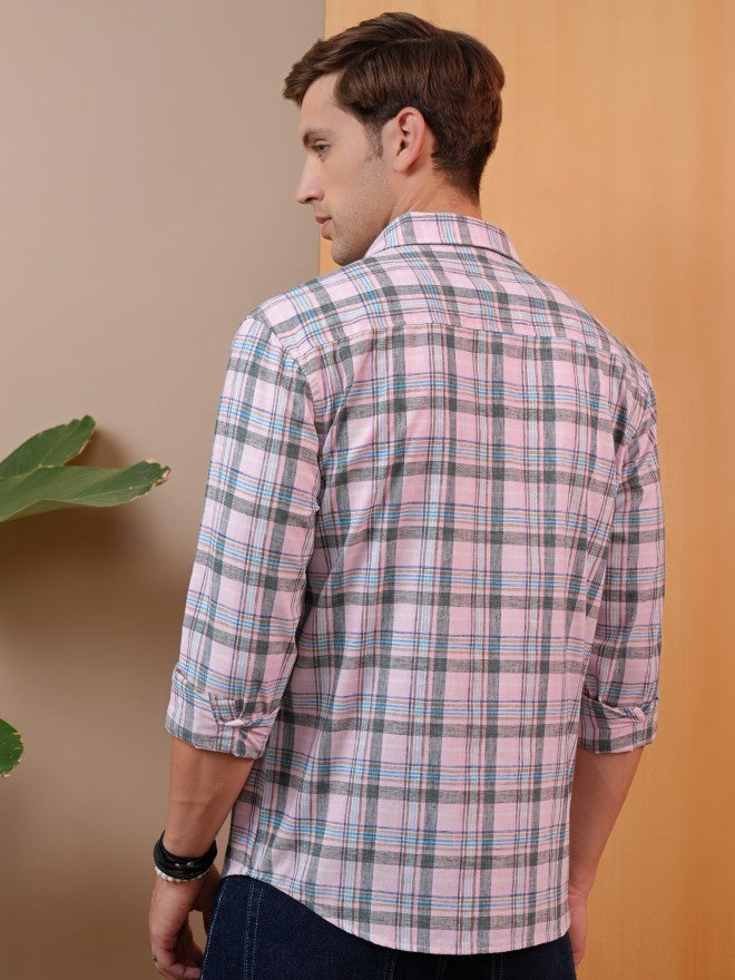 Locomotive Men Pink Checked Regular Fit Casual Shirt - Pink - Image 3