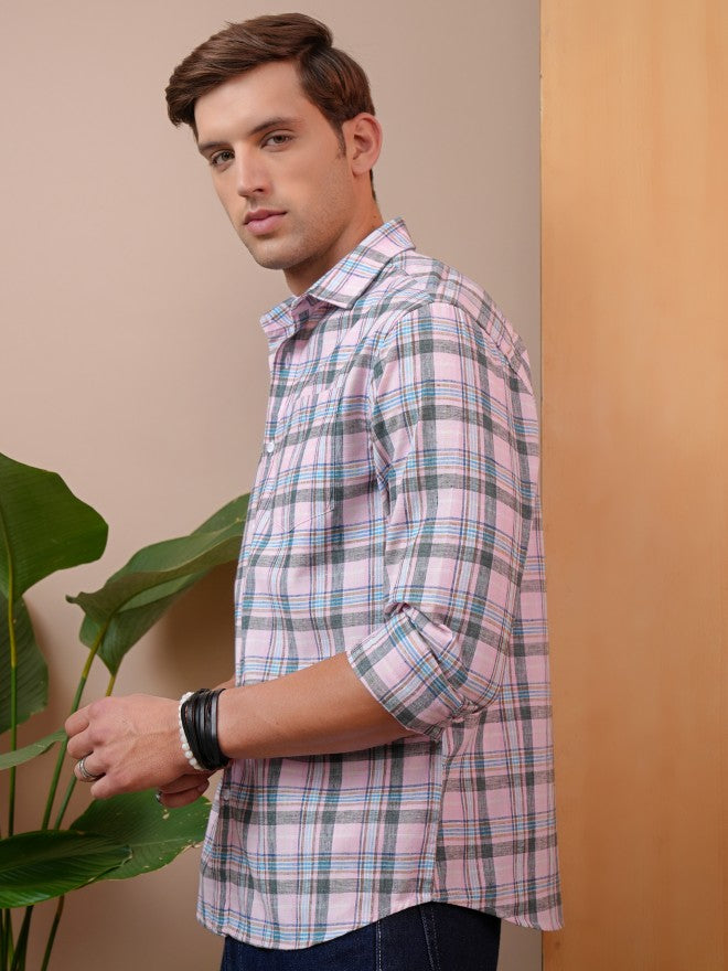 Locomotive Men Pink Checked Regular Fit Casual Shirt - Pink - Image 4