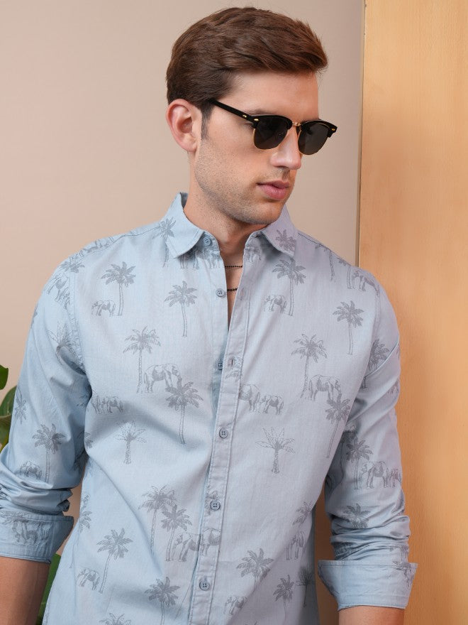 Locomotive Men Blue Printed Slim Fit Casual Shirt - Blue - Image 1