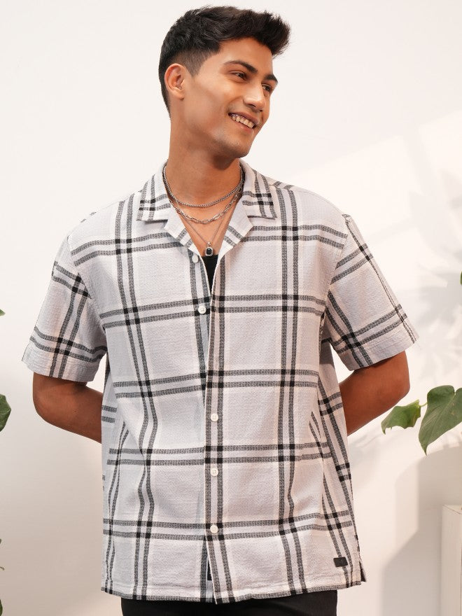 Locomotive Premium Men Grey Dobby Textured Cuban Collar Relaxed Shirt - Grey - Image 1
