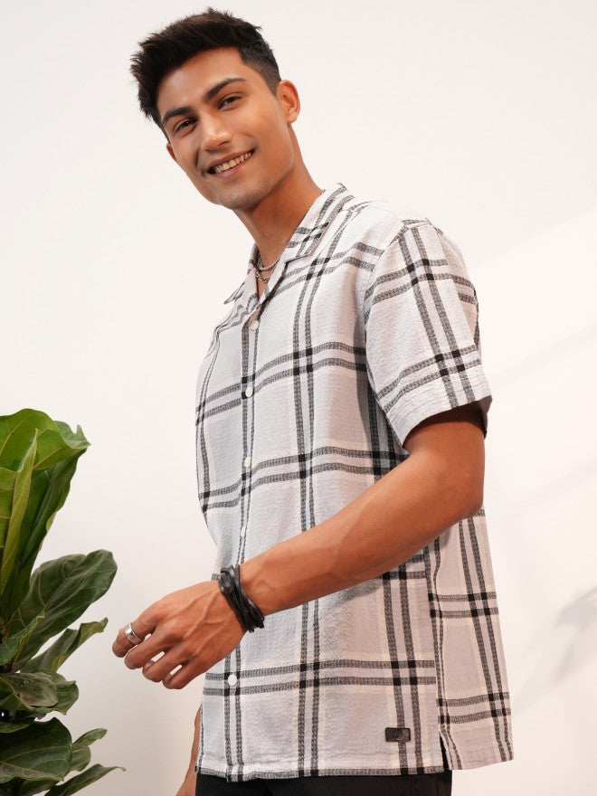 Locomotive Premium Men Grey Dobby Textured Cuban Collar Relaxed Shirt - Grey - Image 4
