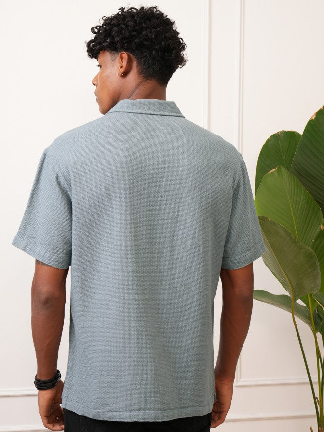 Locomotive Men Blue Self Design Regular Fit Casual Shirt - Blue - Image 3
