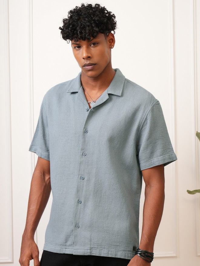 Locomotive Men Blue Self Design Regular Fit Casual Shirt - Blue - Image 4